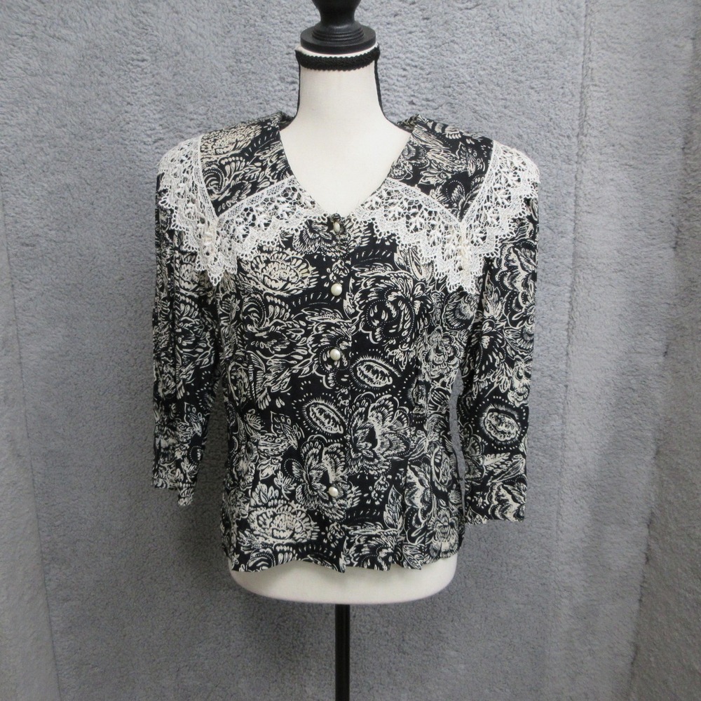 Vintage Lisa Petites Floral Lace Shirt Women 12 Black Paisley Print Cottagecore